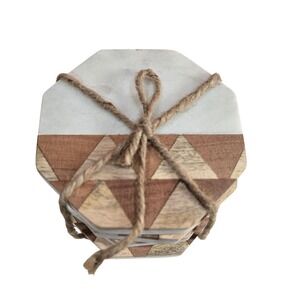 Octagon White Marble and Wood Inlay Heavy Coaster Set of 4 Geometric White Brown